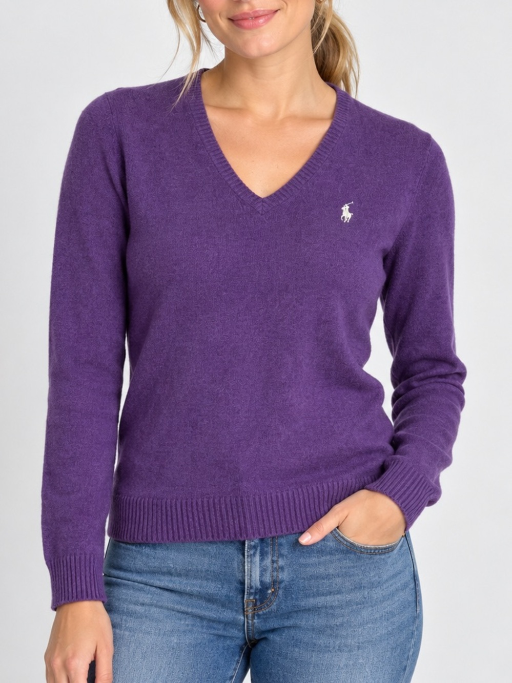 Ralph Lauren Sport Purple V Neck Wool Cashmere Blend Preppy Academia Sweater MED